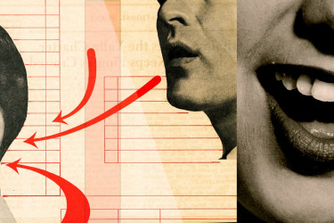 A collage of people speaking and listening.