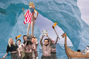 Cartoon collage of Trump as an emperor with no clothes, triumphantly surveying Greenland, supported by Republicans dressed as Vikings.