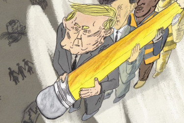 Cartoon of Donald Trump holding a pencil, erasing petroglyphs.