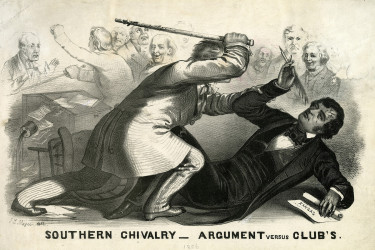 A political cartoon of Preston Brooks beating Charles Sumner in Congress.