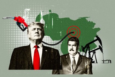 Collage of Trump, Maduro, with an outline of Venezuela, oil wells, and a gas pump