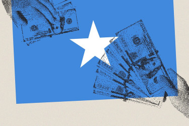The flag of Somalia and hands holding money.