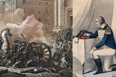 Left: General Bonaparte firing at insurgents on steps of a church in Paris; right: George Washington kneeling to pray.