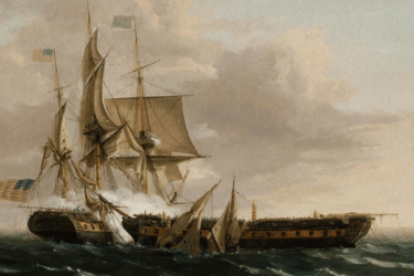 Painting of a maritime battle between two tall ships, the 'Constitution' and the 'Guerrière.'