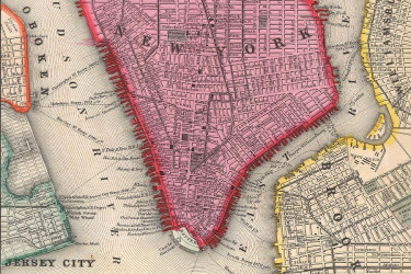 A hand-colored map of lower Manhattan from 1860.