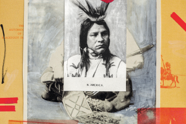 A studio portrait of Chief Buffalo Child Long Lance, circa 1908. In the background are a Blackfeet family traveling on horseback, Native American students at the Car­lisle Indian Industrial School, and a Blackfeet tribesman on the Glacier National Park reservation in Montana. (Illustration by Paul Spella*)