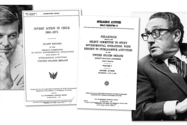 U.S. Senator Frank Church, Henry Kissinger, and intelligence reports.