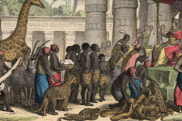 Illustration of enslaved people and animals presented to the Pharaoh in ancient Egypt.