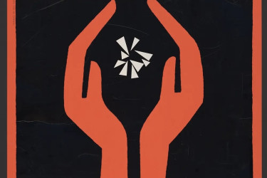 Hands containing a tiny explosion, on a poster "For a Sane Nuclear Policy" by Saul Bass.