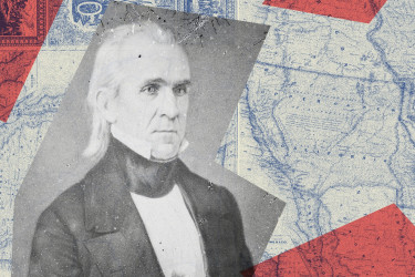 Illustration of James K. Polk with maps in the background.