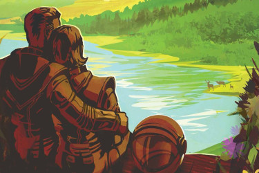 Two astronauts looking out over an earth landscape, in the style of a national park poster.