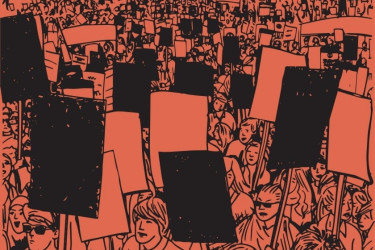 Illustration protestors holding signs.