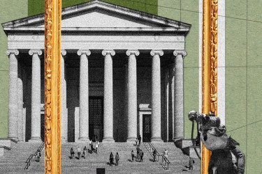 Collage of a museum, a gold frame, and a reinterpreted former Confederate statue.