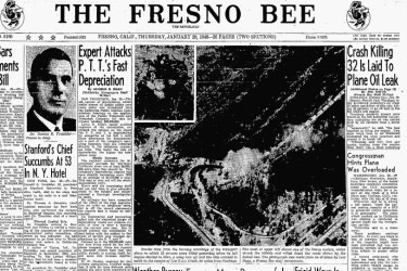 A Fresno Bee Newspaper from 1948 with photos of a plane crash that killed deportees.