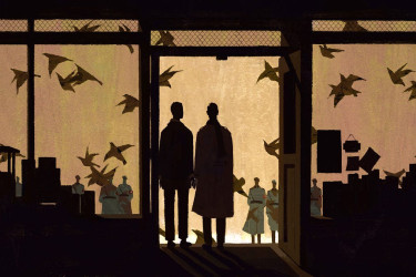 Portrait of two men staring out in the open