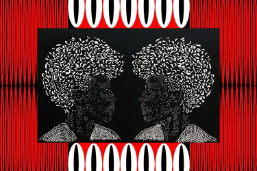 Art piece of two black women and a motif of kente cloth and cowrie shells.