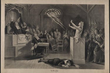 Lithograph showing a man swooning and a woman in the witness box at the Salem witch trials.
