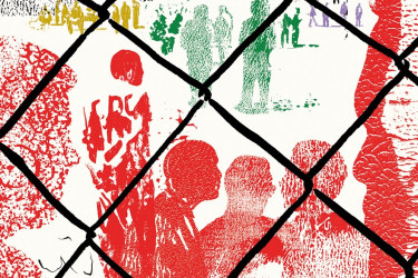 Ink artwork depicting people standing in separate groups in a prison yard.