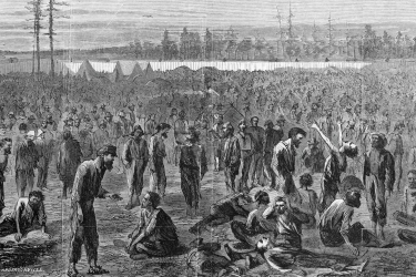 Black and white illustration of the Confederate prison camp in Anderson­ville, Georgia, in 1865.