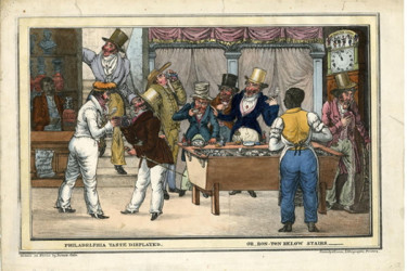 Cartoon depiction of an Black owned oyster cellar in the 1830s with drunk patrons.