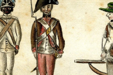 Illustration of four soldiers from the eighteenth century holding weapons.