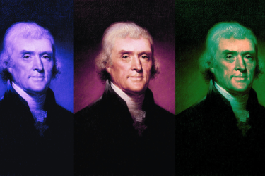 Three identical photos of Thomas Jeffersonn, under blue, purple, and green backgrounds.