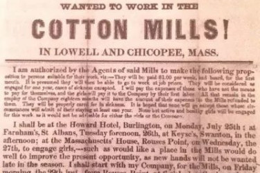 Recruitment poster for textile mill workers. (Image: Lowell National Historical Park.)
