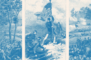Civil War solders planting a U.S. flag atop a hill.