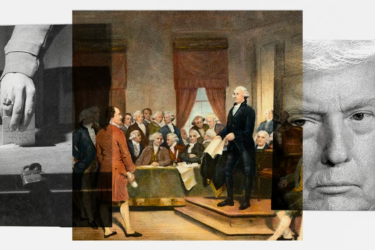 Collage showing a hand casting a ballot, a painting of the Consitutional Convention, and Donald Trump.