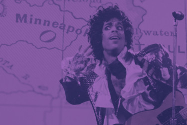 Prince in front of a Minneapolis Map