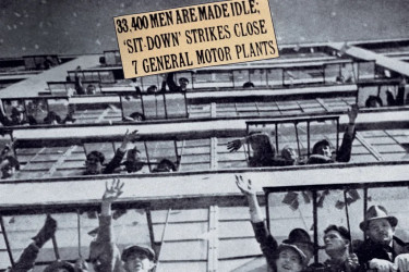 Workers wave from the windows of a plant in Flint, Michigan, in 1937.