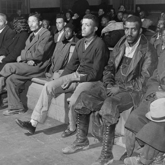 Spectators and witnesses at the trial for a case involving an automobile accident, Oxford, North Carolina, 1939.
