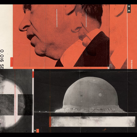 Collage of Richard Nixon and vintage images of mushroom clouds.