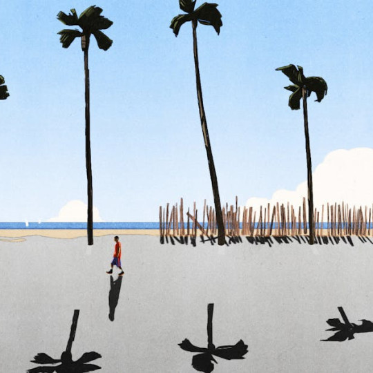 A man walks in the sun near palm trees and their small shadows.