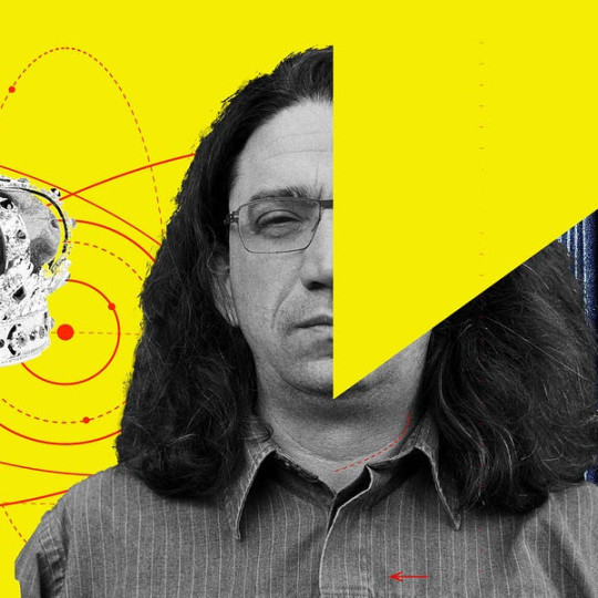 Composite Curtis Yarvin, a crown, an atom diagram, and a cathedral.