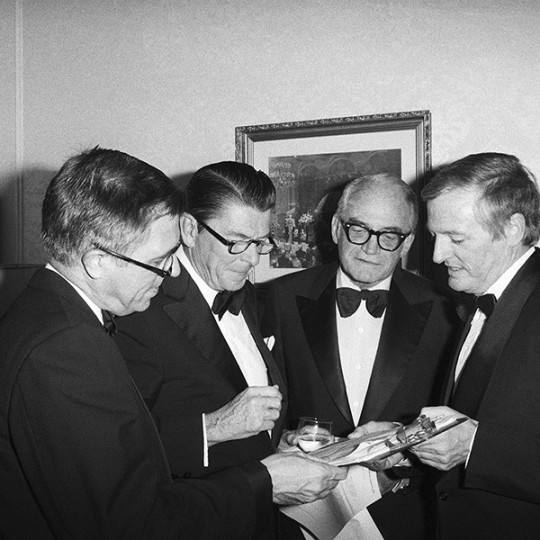 William F. Buckley Jr. (far right) with his brother, New York senator James L. Buckley, Ronald Reagan, and Barry Goldwater at National Review’s twentieth-anniversary celebration, New York City, November 1975