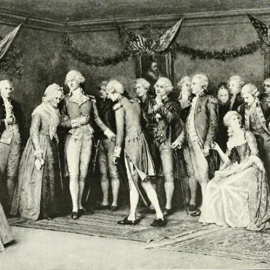 George Washington and his mother, Mary Ball Washington, attending a ball celebrating the surrender at Yorktown in 1781