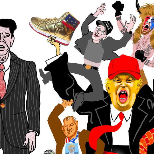 Illustration by Josh Gosfield of Reagan in a suit, next to the fashions of Trumpism, including the red hat, the golden sneaker, and the Jan. 6 rioter with the horned headdress.