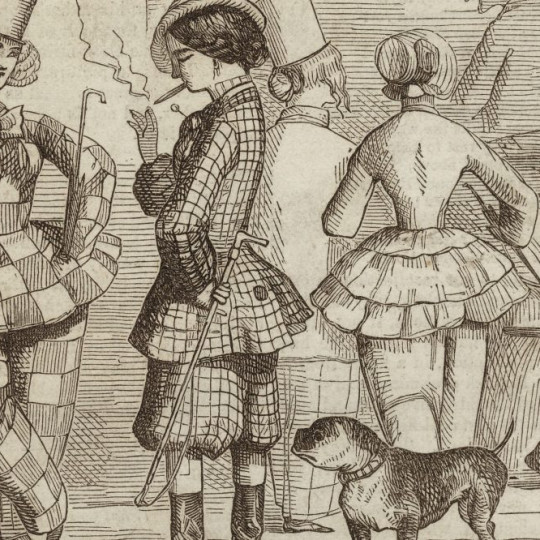 Punch cartoon depicting mannish women smoking cigars and wearing pantsuits.