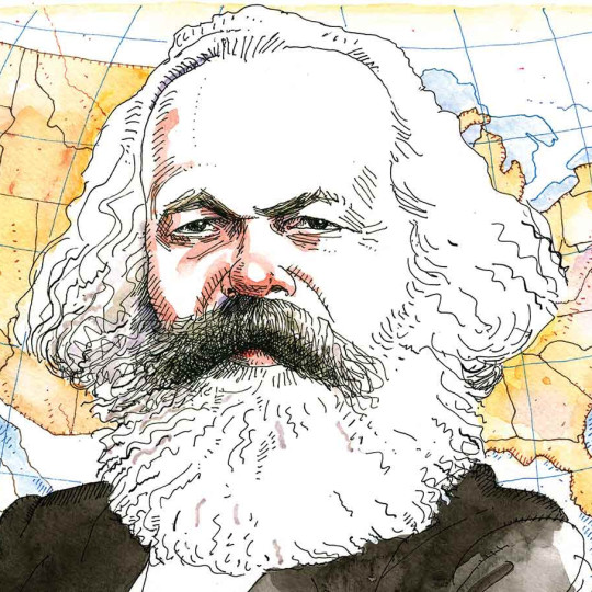 Illustration of Karl Marx in front of map of the United States.