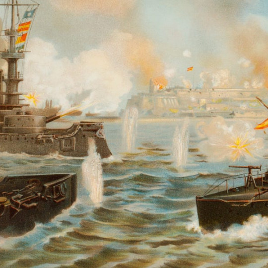 When the U.S. Navy was half the age it is now: an artist’s depiction of American warships bombarding San Juan, Puerto Rico on May 12, 1898 during the Spanish-American War. (Photo by: Universal History Archive/Universal Images Group via Getty Images)