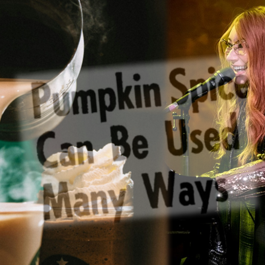 Tori Amos singing, photo of pumpkin spice, and the words 