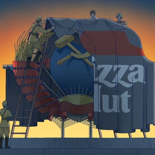 Illustration of draping a Pizza Hut tarp over the Hammer and Sickle.