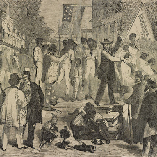 'A slave auction at the South' by Theodore R. Davis, from Harper’s Weekly, July 1861
