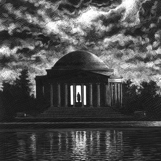 The Jefferson Memorial, with storm clouds outside, and light from within.