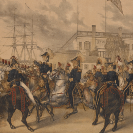 The military escort for the arrival of the Marquis de Lafayette forms at Castle Garden (1844) by F. J. Fritsch.