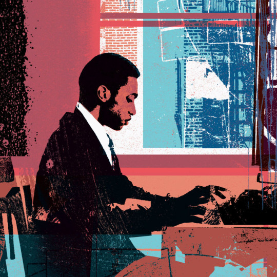 Illustration of Rudolph Fisher sitting and typing.