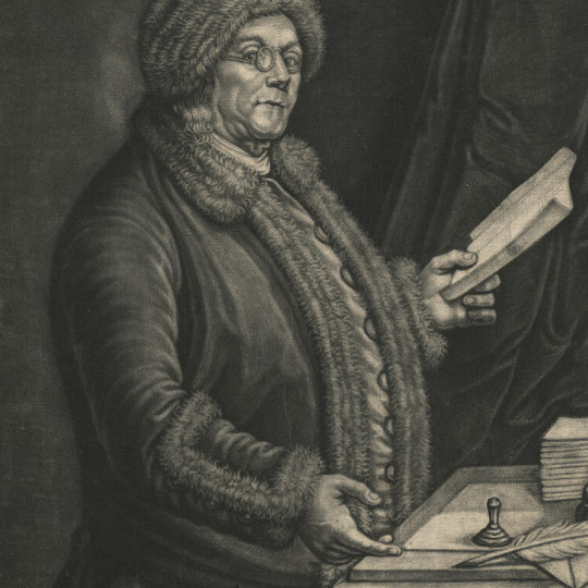 Portrait of Benjamin Franklin (1777) holding a book.