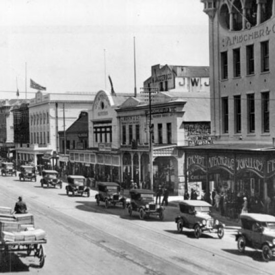 Ford Model T's lining a street in Port Elizabeth, South Africa.
