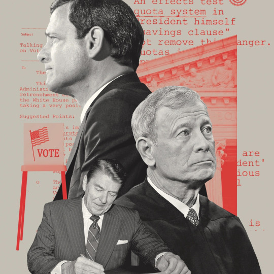 Collage of John Roberts, Ronald Reagan, and a voting booth.